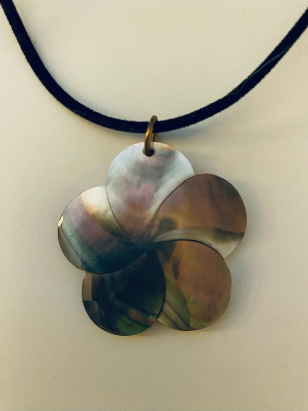 Handmade Iridescent Mother-of-Pearl Flower Pendant Necklace - Black Cord